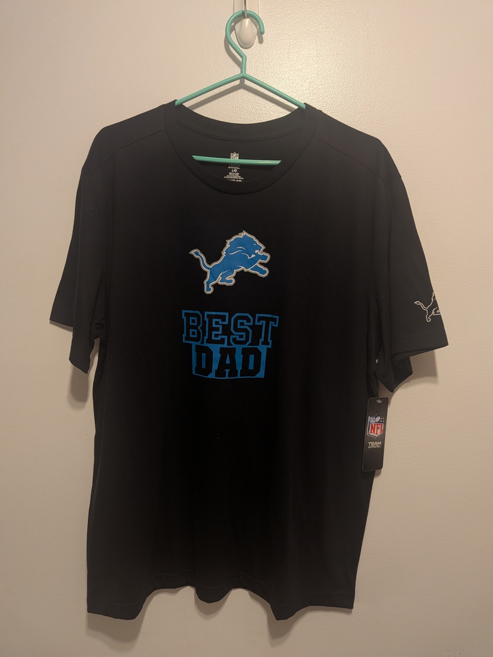 NFL Puma Black Tee with Blue Detroit Lions 'Best Dad' Graphic
